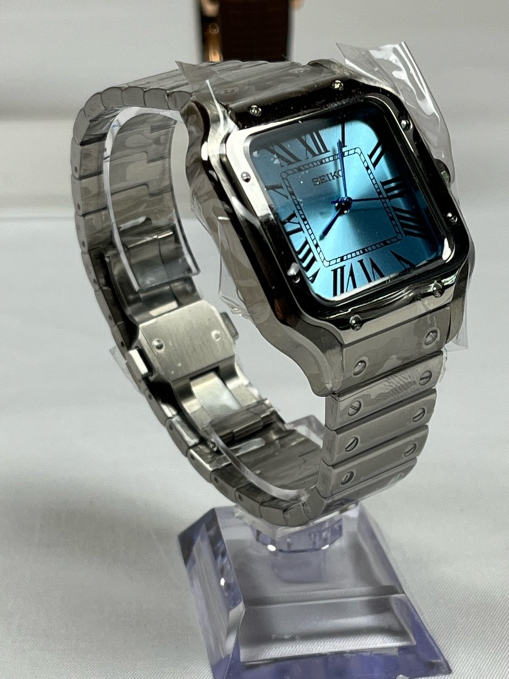 Luxury Square Watch Blue Dial Stainless Steel Roman Numerals Santos Style
